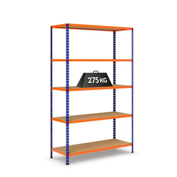 Estantería V-Max azul y naranja con baldas de aglomerado Estantería V-Max azul y naranja con baldas de aglomerado