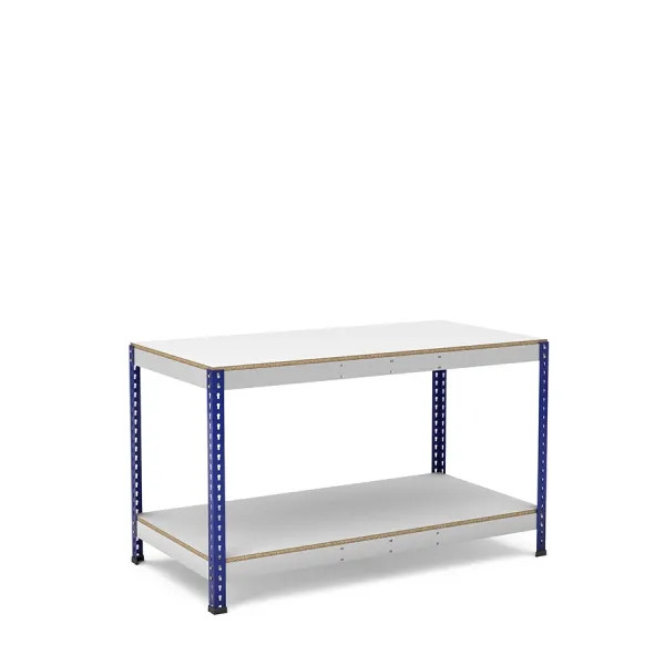 Mesa de trabajo azul y gris con 2 bandejas de melamina sin cantear Mesa de trabajo azul y gris con 2 bandejas de melamina sin cantear