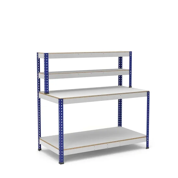 Mesa de trabajo azul y gris con repisa y 2 bandejas de melamina sin cantear Mesa de trabajo azul y gris con repisa y 2 bandejas de melamina sin cantear