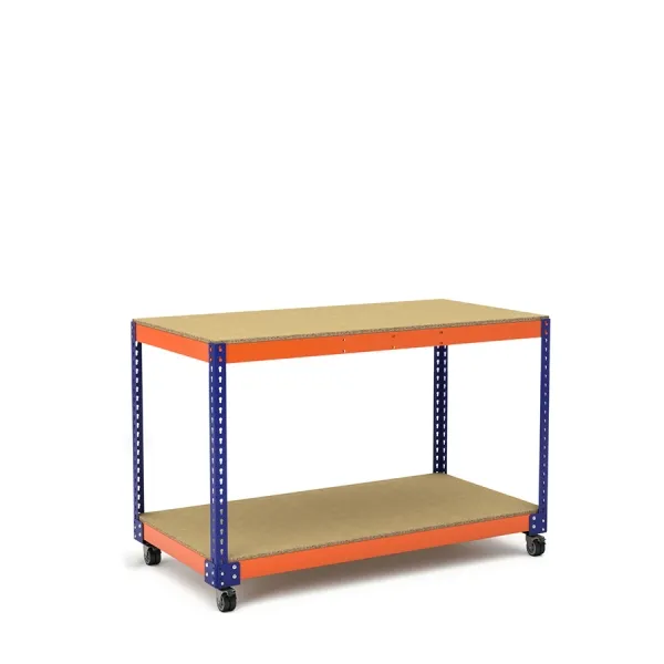 Mesa de trabajo con ruedas azul y naranja con 2 baldas de aglomerado Mesa de trabajo con ruedas azul y naranja con 2 baldas de aglomerado