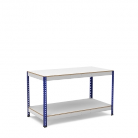Mesa de trabajo azul y gris con 2 bandejas de melamina sin cantear Mesa de trabajo azul y gris con 2 bandejas de melamina sin cantear