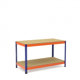 Mesa de trabajo azul y naranja con 2 bandejas de aglomerado
